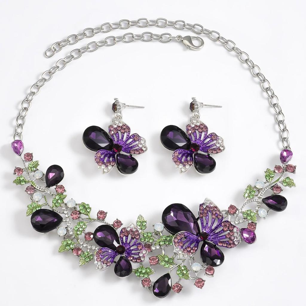 European & American Floral Necklace & Earring Set: Colorful Crystal Gemstone Jewelry for Evening Dresses & Bridal Banquets
