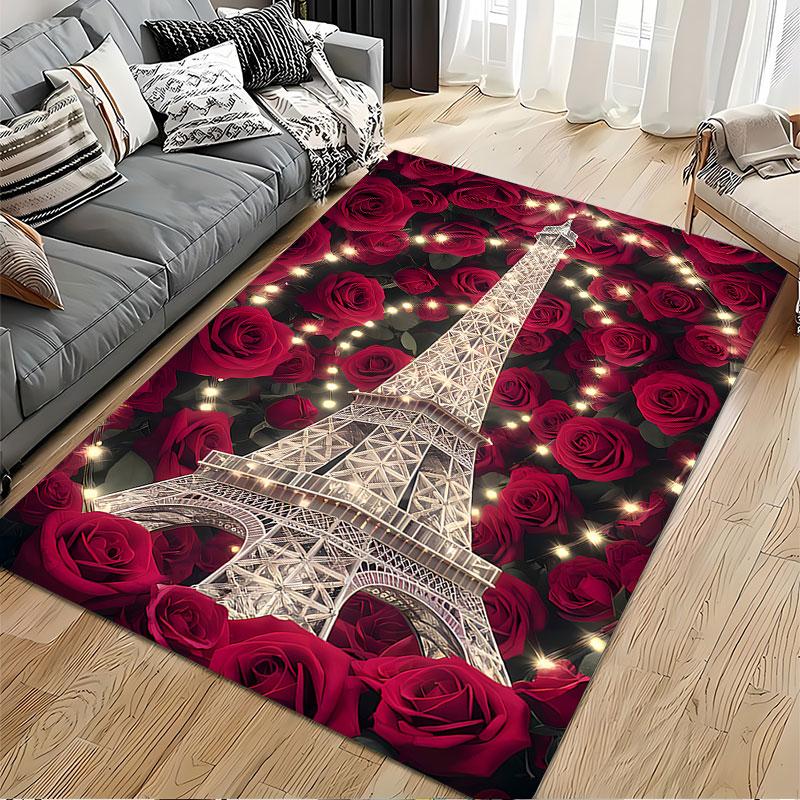 Eiffel Tower with Red Roses suitable as a non-slip mat for the living room or bedroom sofa