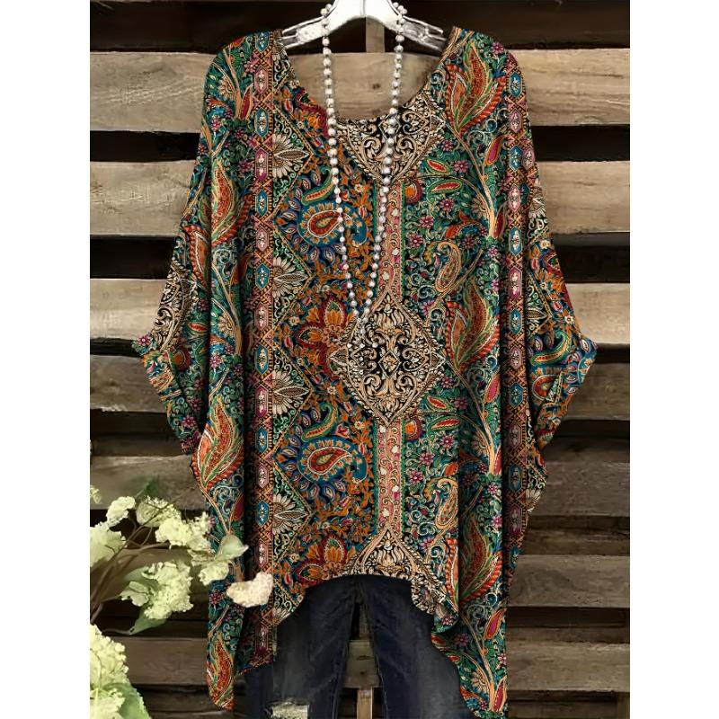 

Ethnic style round neck T-shirt casual and comfortable large size top S