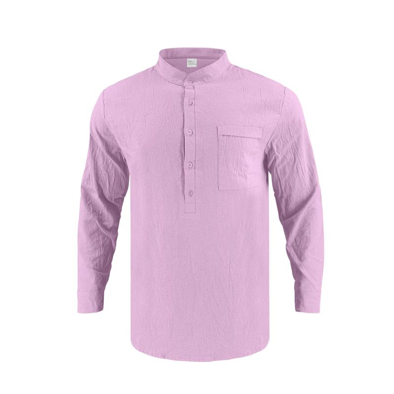 Linen T-Shirt Men Henley Neck Pocket Casual Beach Long Sleeve Solid Color Male Tops Vintage Streetwear TShirts