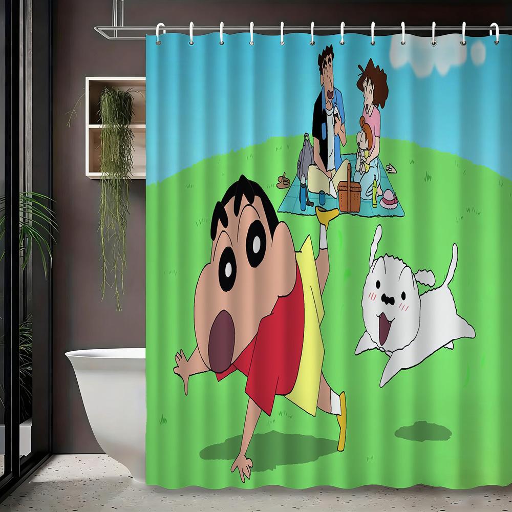 Crayon Shin-Chan & Himawari Superhero Press Conference Scene 2D Print Waterproof Shower Curtain, Blue Cityscape Bathroom Decor W