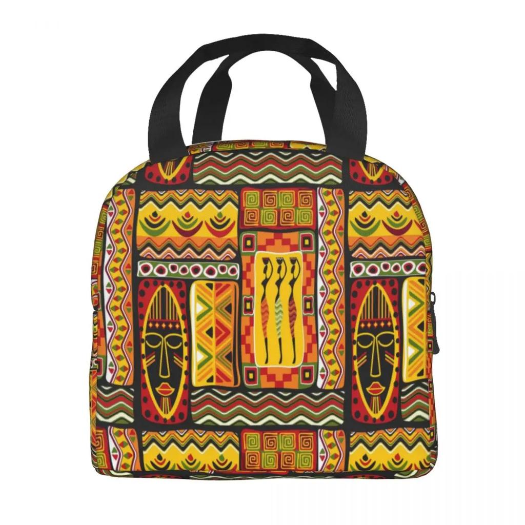 African Elements Pattern Insulated Lunch Tote Bag for Women Africa Ethnic Culture Cooler Thermal Bento Box Work School Travel