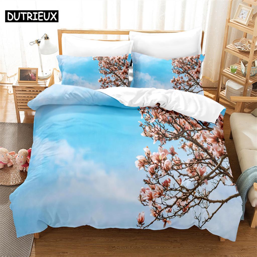 Comforter Blue Flower Butterfly Queen Bedding Kids Bedroom Bed Set King Size Bedding Set