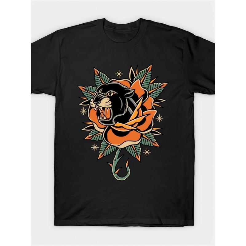 Men'S Black T-Shirt - Bold Leopard Head & Floral Print Tattoo Design, Short Sleeve Crew Neck Shirt with Orange/White/Green/Teal Accents for Everyday