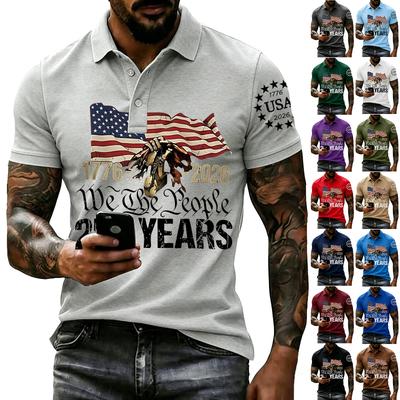 Men's Casual Short Sleeve Polo Shirt Printed with Flag and Text Graphic Button Down Collar Lightweight Breathable