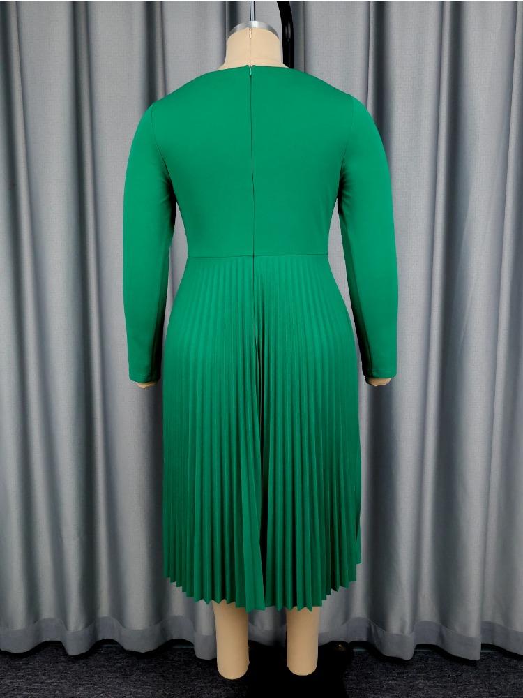 Elegant Women Plus Size A Line Midi Pleated Dress Asymmetrical Neck Long Sleeve High Waist Office Church Christmas Party Outfit