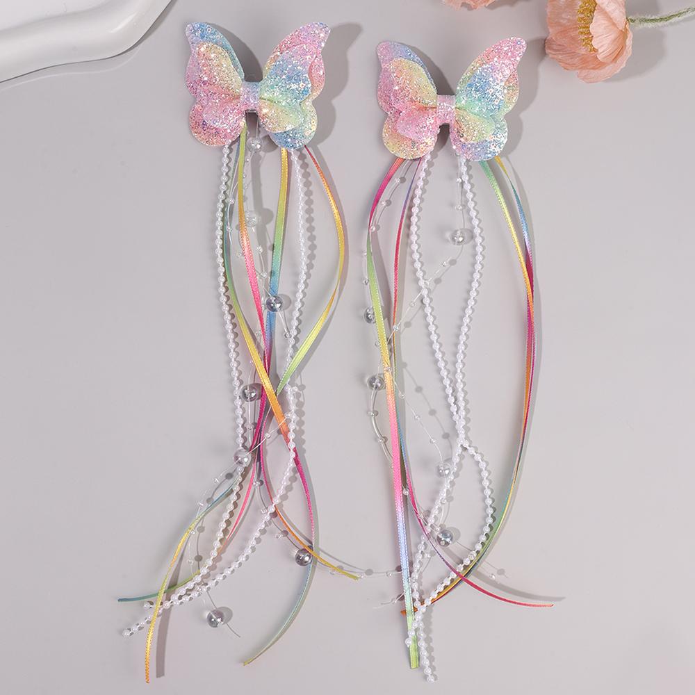 2Pcs Glitter Butterfly Bow Hair Clips Rainbow Butterfly With Sweet Long Pearls Tassels Barrtte Princess Hair Accessories Gifts