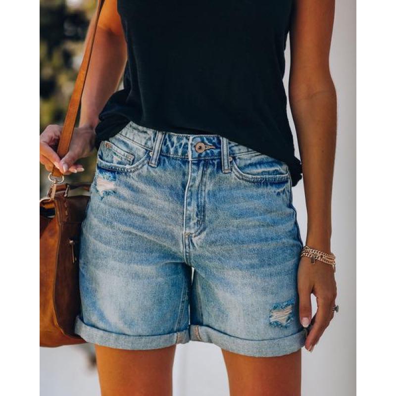 2025 Summer Fashion Street Style Cuffed Ripped Straight Leg Denim Shorts for Women M