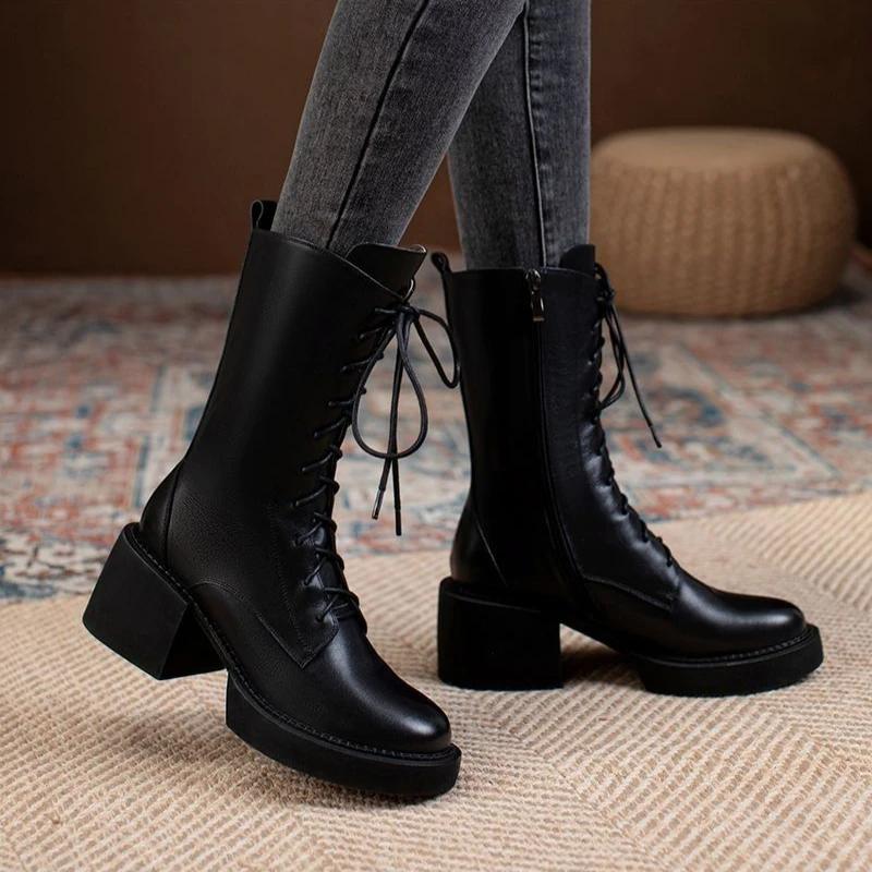 Women's Half High Boots Winter 2025 Ladies Mid Calf Shoes Round Toe New In Quality Novelty Sale on Promotion Work Waterproof Pu