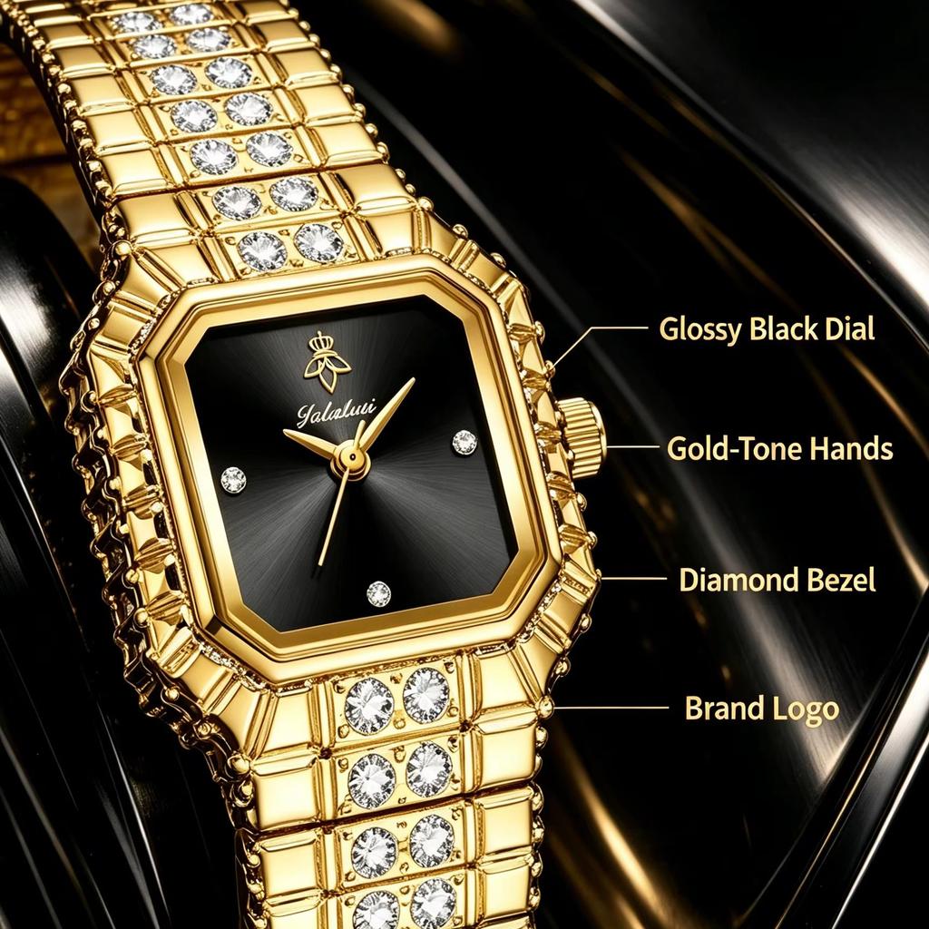 YaLaLuSi Ladies Shiny Diamond Encrusted Gold Bracelet Watch Luxury Fashion Watch Box Set