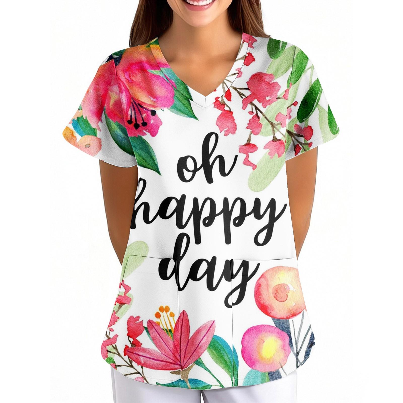 

Женская униформа с принтом ко Дню матери, свободная, с V-образным вырезом, карманом и коротким рукавомУниформа L бежевый