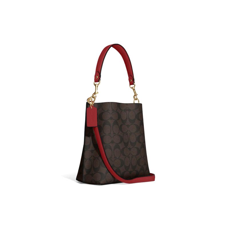 COACH Mollie Classic Logo Print Buckle Closure Detachable Shoulder Strap Faux Leather Bucket Bag Hand Shoulder Crossbody Bag 22 Women's Brown