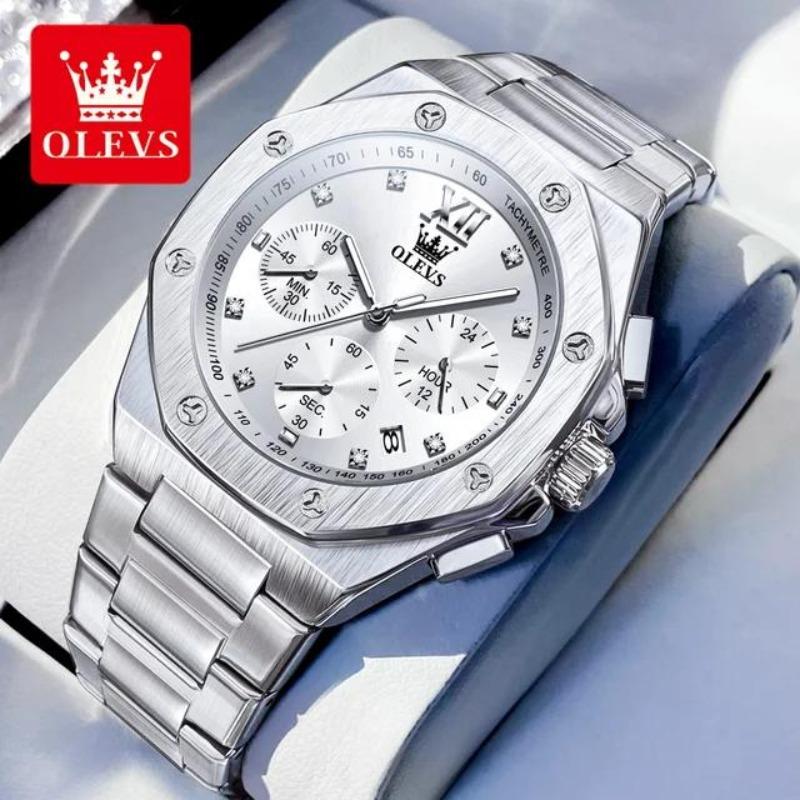 OLEVS Quartz Men Watch Multifunctional Luxury Wristwatch Diamonds Gold Stainless Steel Waterproof Clock