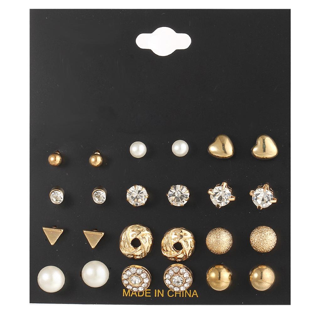 12 Pairs Women Round Crystal Love Shape Ear Stud Earrings Set