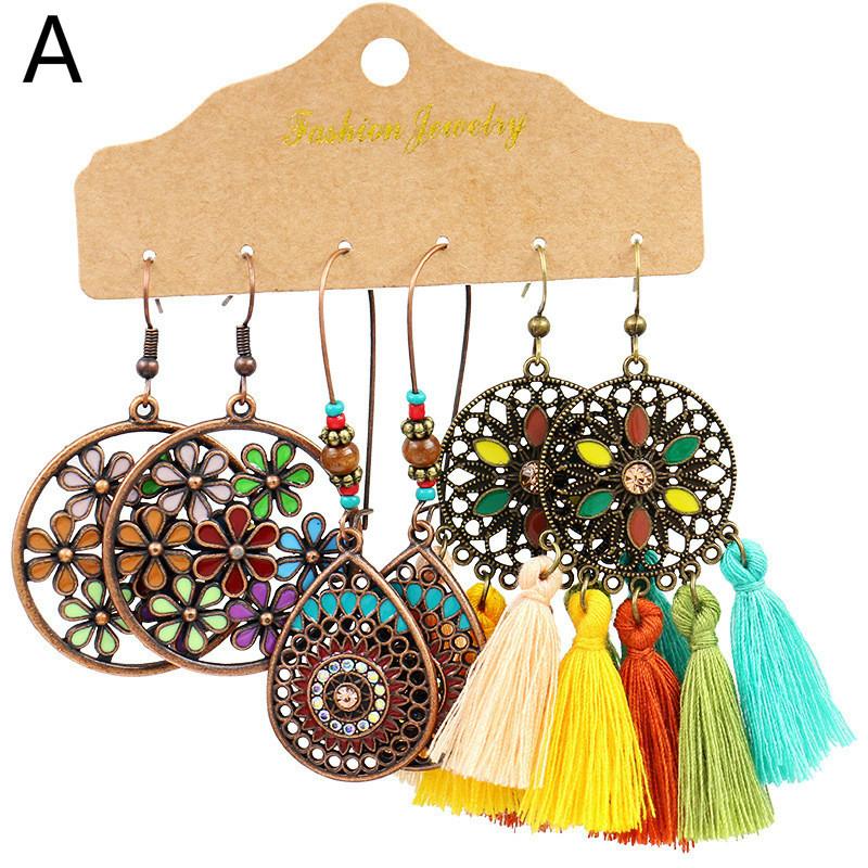 Vintage Big Round Multicolor Beaded Earrings Set for Women Ethnic Boho Tassel Feather Long Dreamcatcher Drop Earrings Jewelry