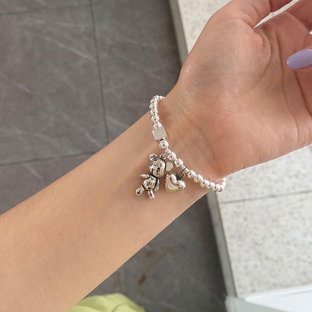 Korean S925 Silver Bear Bracelet: Retro Fashion Heart Bangle with Round Beads and Square Accents