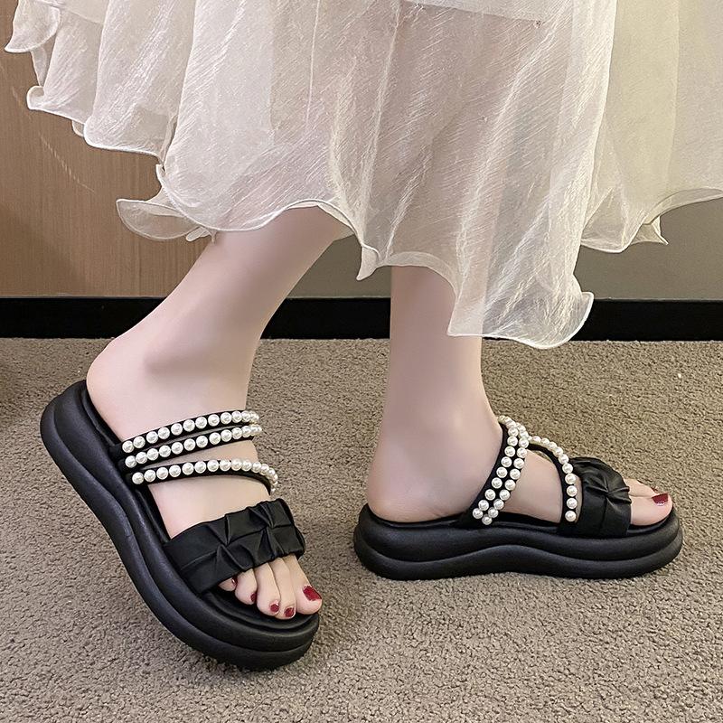 Pantofole da donna estive con plissettatura a forma di muffin, con suola spessa e perle, con una parola, due sandali da indossare, alla moda, scarpe da donna