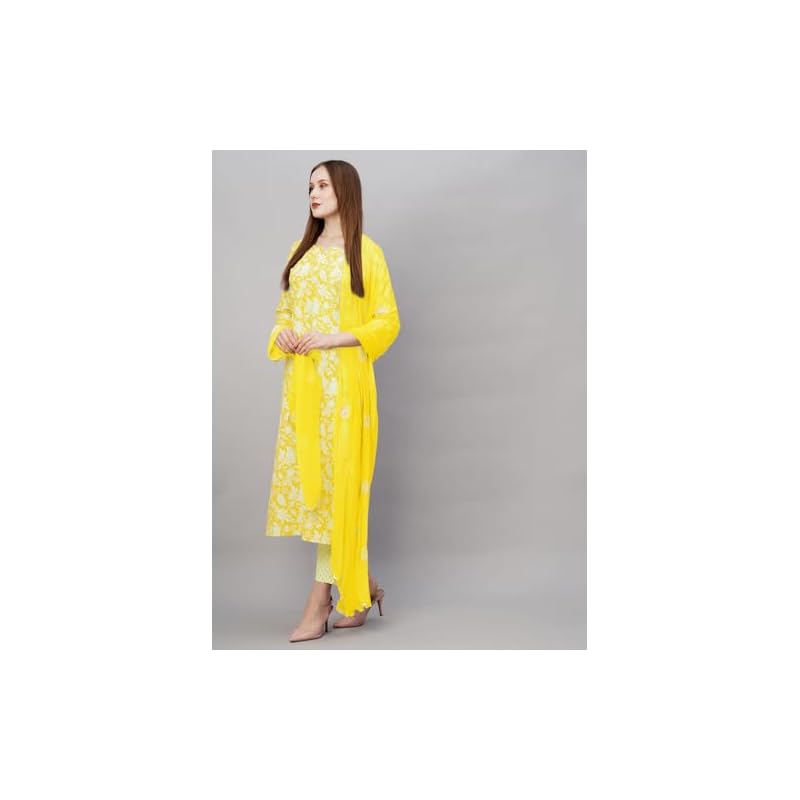 GoSriKi Women's Cotton Blend Straight Printed Kurta with Pant & Dupatta (MEI Red-GS_XL_Red_X-Large)