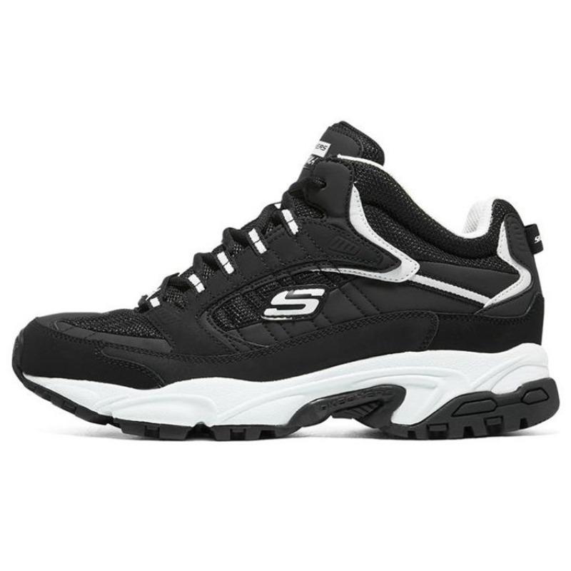 Skechers Stamina Men Leather Low Dad Shoes Black White 237244-BKW 39