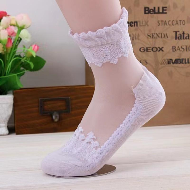 Fashion Thin Transparent Sock Women Breathable Summer Socks Girls Lace Flower Crystal Silk Sock Sexy Elastic Short Tulle Socks