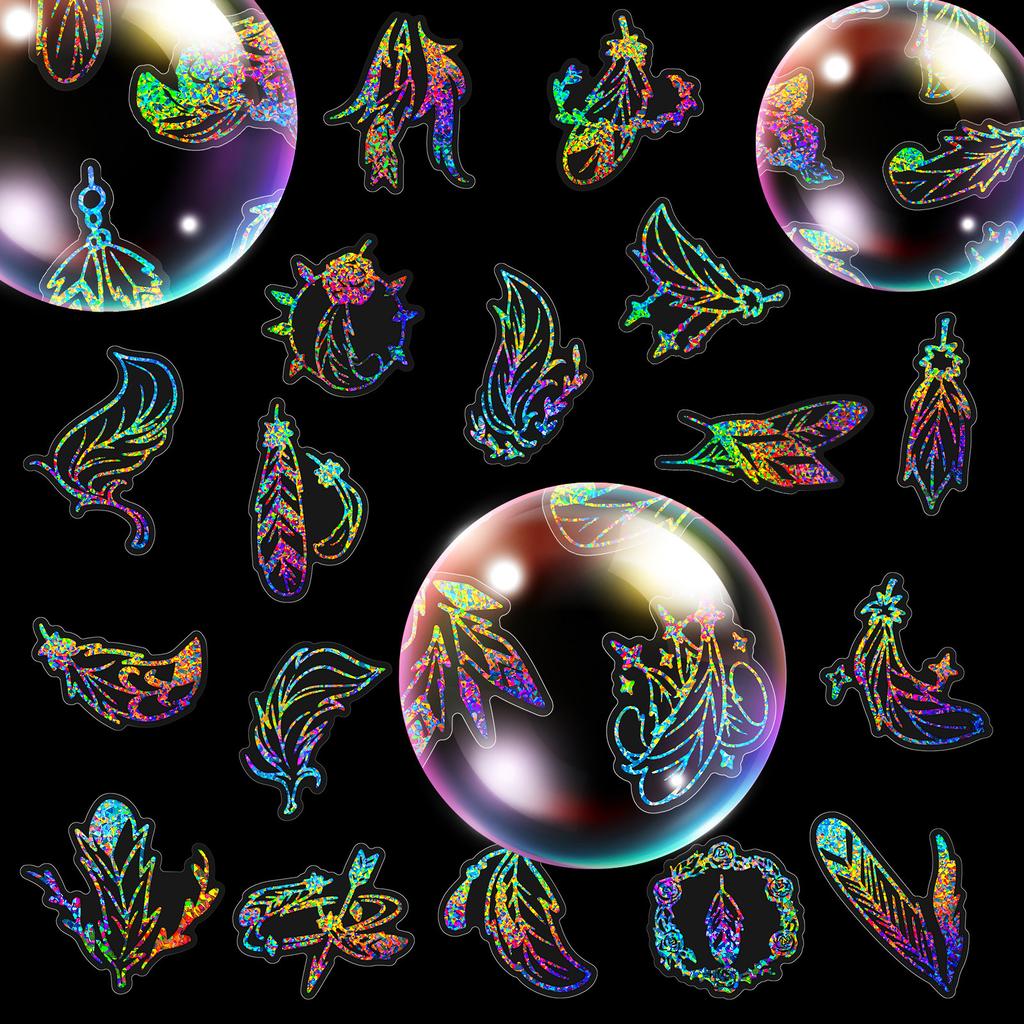 50 Silver Laser Transparent Feather Stickers Temu Aurora Laser Feather Hot Silver Goo Card