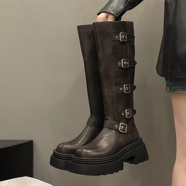 

Женские ботинки мартин, металлическая пряжка на ремне, толстая подошва-маффин, но ботфорты до колена, ботинки-локомотивы, тонкие ботинки, маленькие длинные ботинки 40 темно-серого