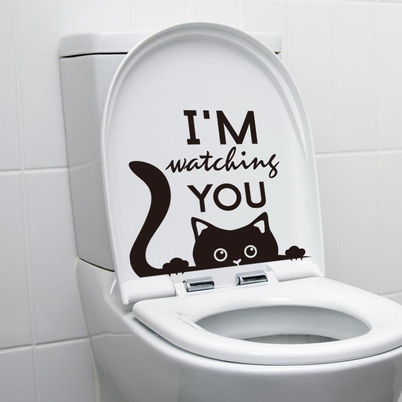 

Смешные наклейки для туалета с котом, черно-белые наклейки на стены в ванной, самоклеящиеся наклейки для домашнего декора, виниловое искусство 25x30cm