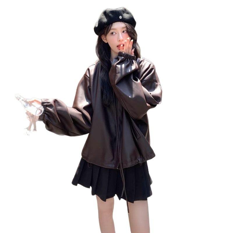 Locomotive Style Leather Jacket Retro Autumn Maillard Loose Leather Jacket Lazy Style Top Jacket Women