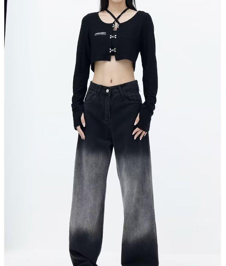 Pear-Shaped Gradient Tencel Straight Jeans: High-Waist, Wide-Leg, Plus-Size, Summer Ice Silk Mopping Pants for Women