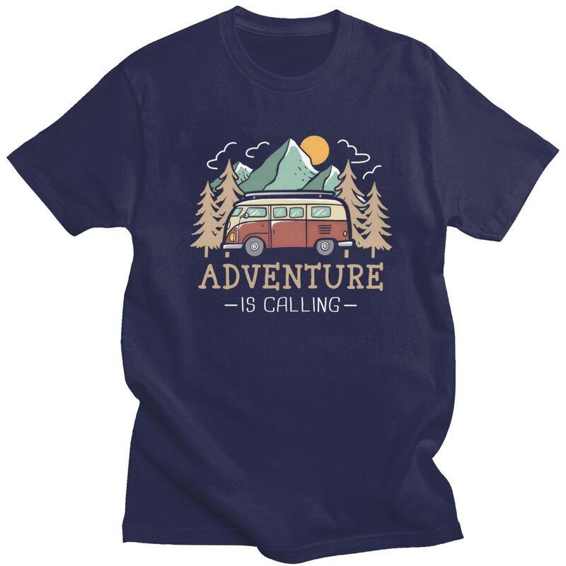 Male Happy Camping Mountains Adventure Is Calling T Shirts Short Sleeves Cotton Tshirts Anniversary Birthday Gift Casual Tees