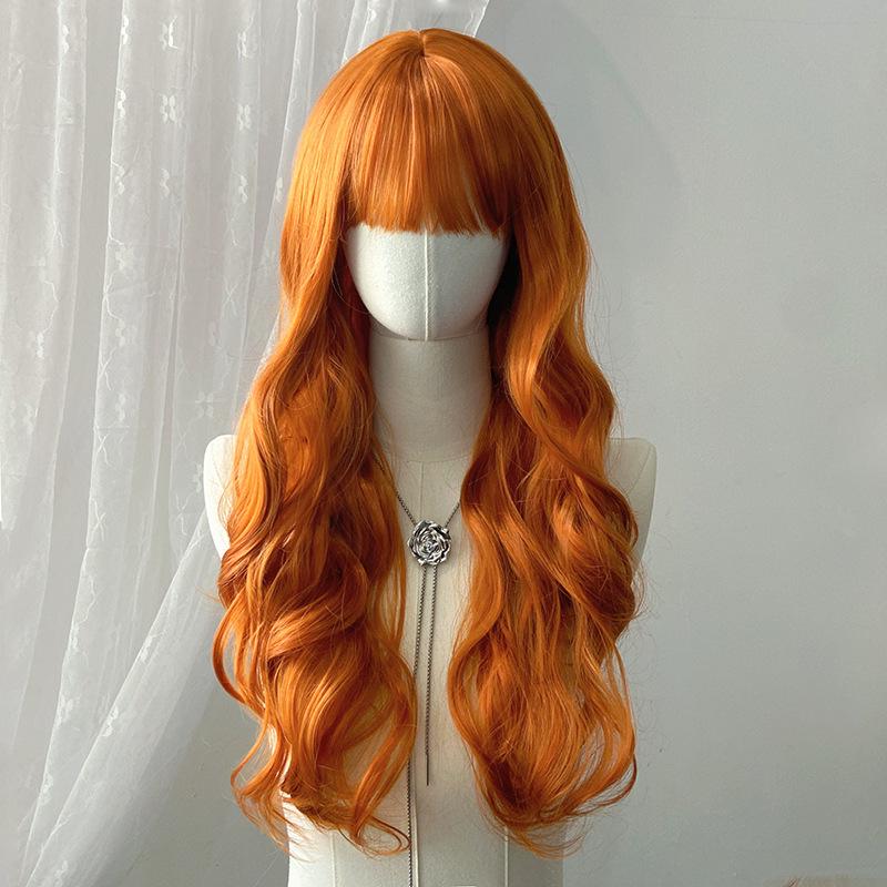 Orange Long Curly Wig with Bangs - Wavy Synthetic Hair, Full Coverage