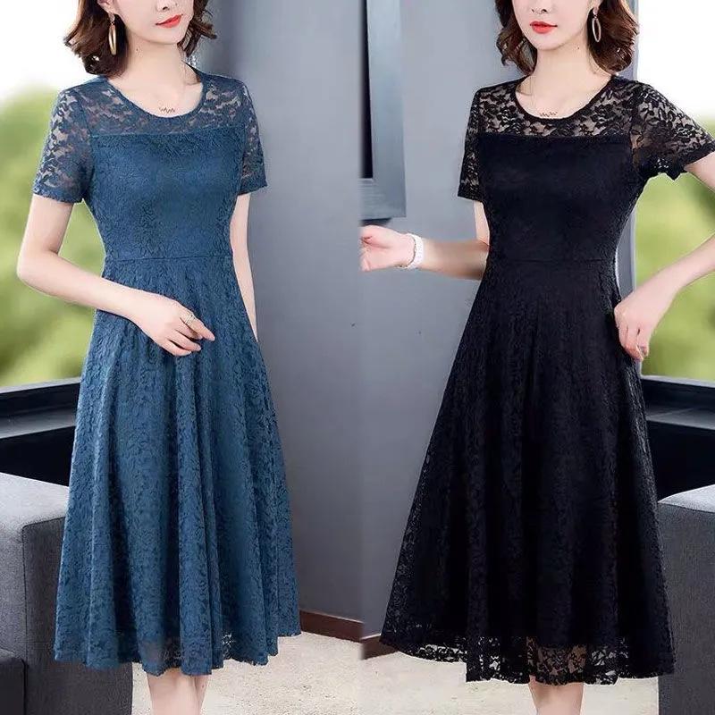 Sexy Lace Dress Women's Short Sleeve Summer Mid Length Dress Ladies Style Slim Dress Solid Color Casual Dress