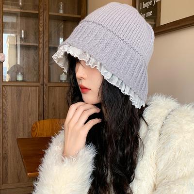 Wool Lace Knitted Hat Autumn and Winter Korean Style In Lazy Style Versatile Fisherman Hat Fashionable Face Small Warm Basin Hat