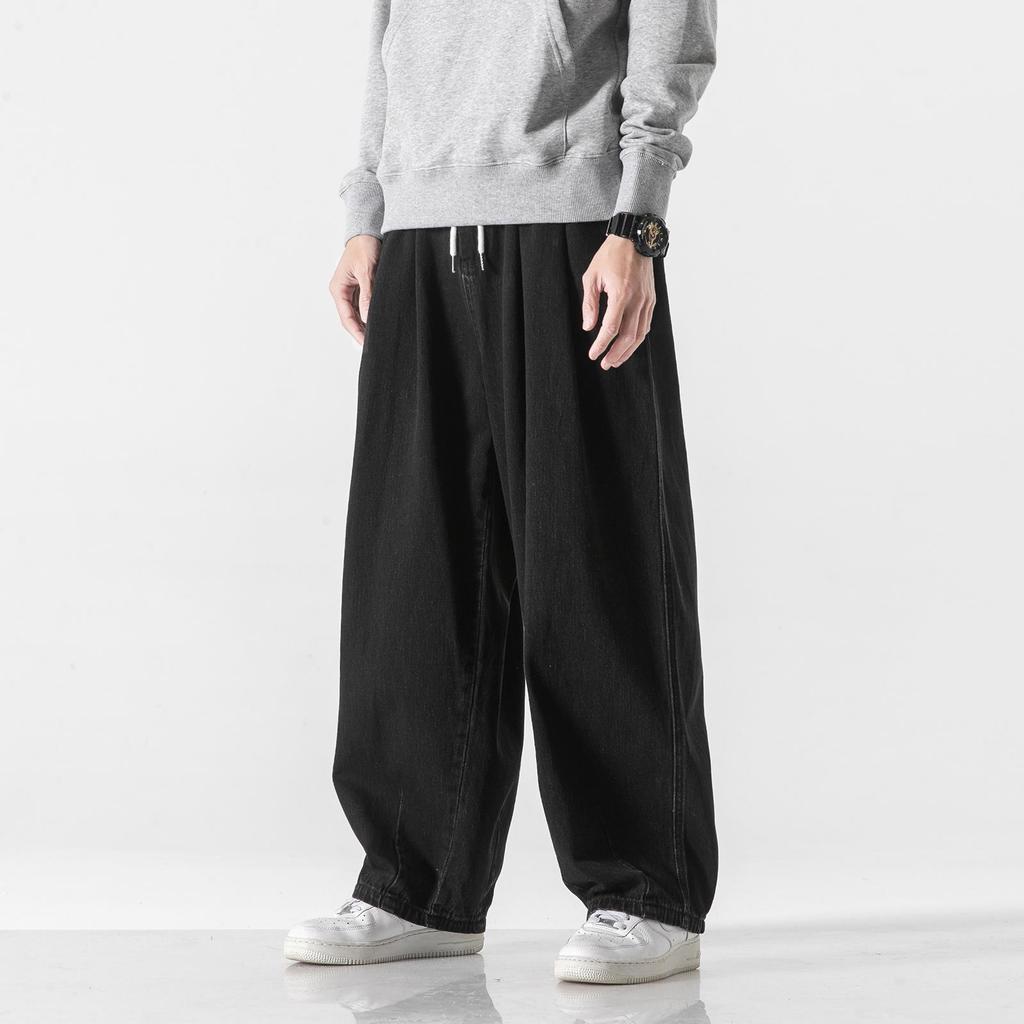 Men Loose Harajuku Denim Pants Men Vintage Elastic Waist Jeans Male Hip Hop Wide Leg Pants Man Solid Color Trousers
