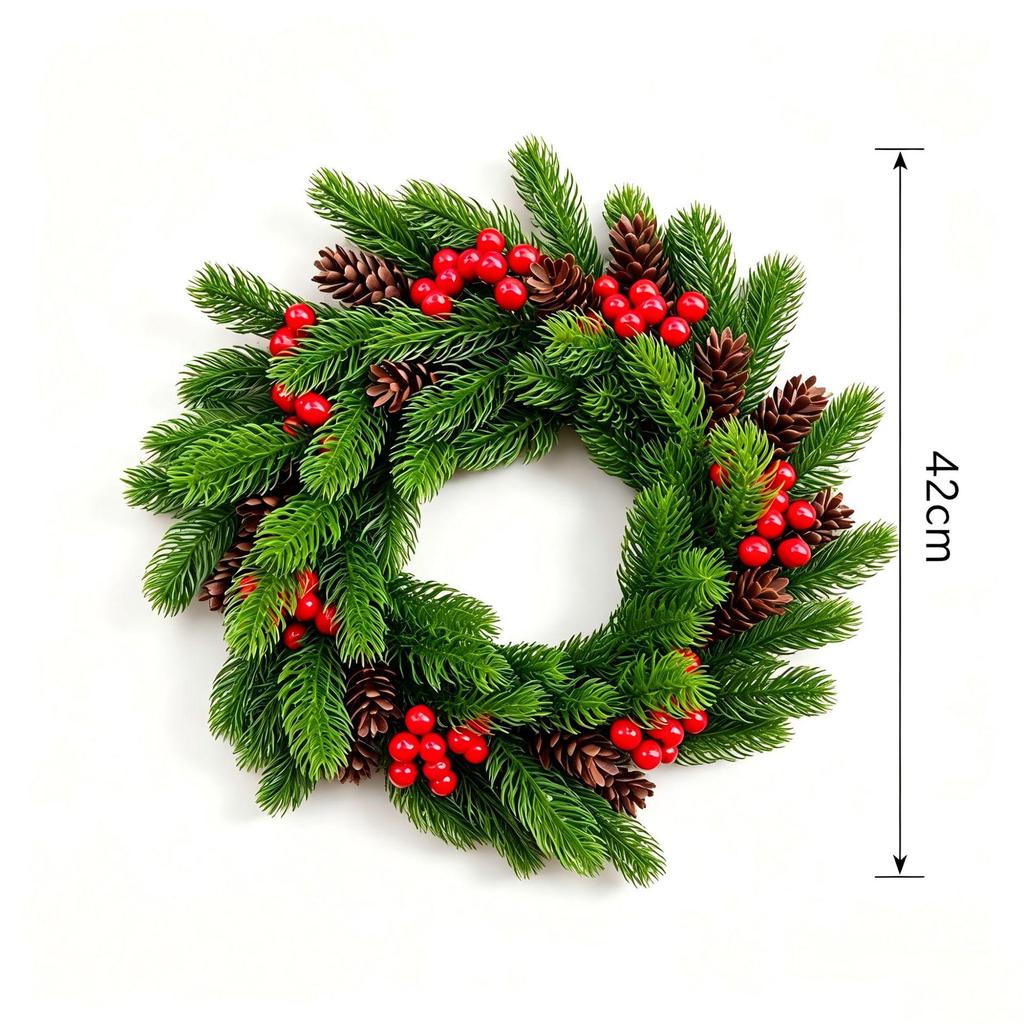 3D Pine Branch Christmas Wreath with Red Berries - Festive Door Hanging Decoration