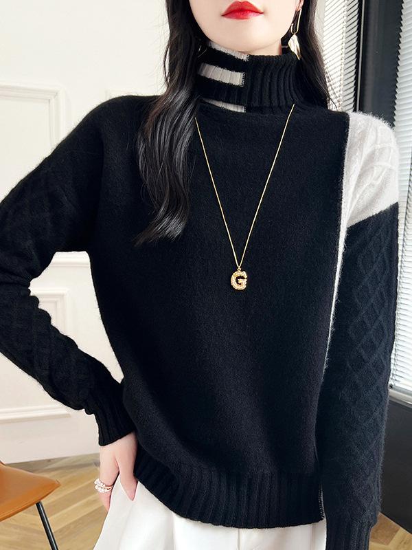 Women's Color Block Wool High Collar Pullover Sweater with Diamond Twist Knit