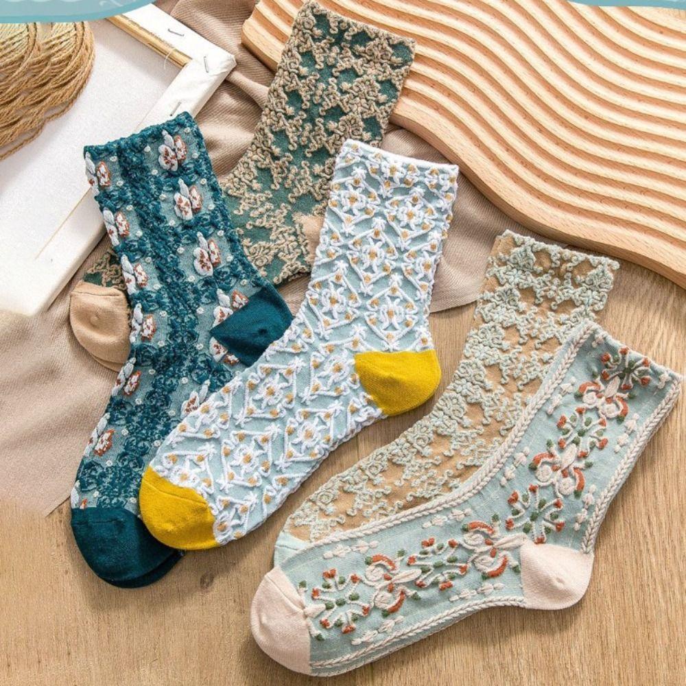 

5Pairs Harajuku Floral Tube Socks Breathable Sweet Sock Women Retro Girls Mid-calf Socks Girl