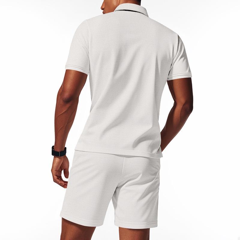 Men Waffle Turn Down Collar Polo Short Sleeve Shorts Casual Two Piece Set