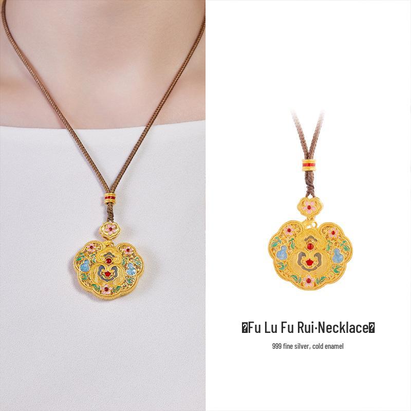 

999 Sterling Silver Ruyi Gourd Pendant on Braided Cord Necklace, Women s Retro Sweater Chain with Cold Enamel Detailing. 999 Sterling Silver