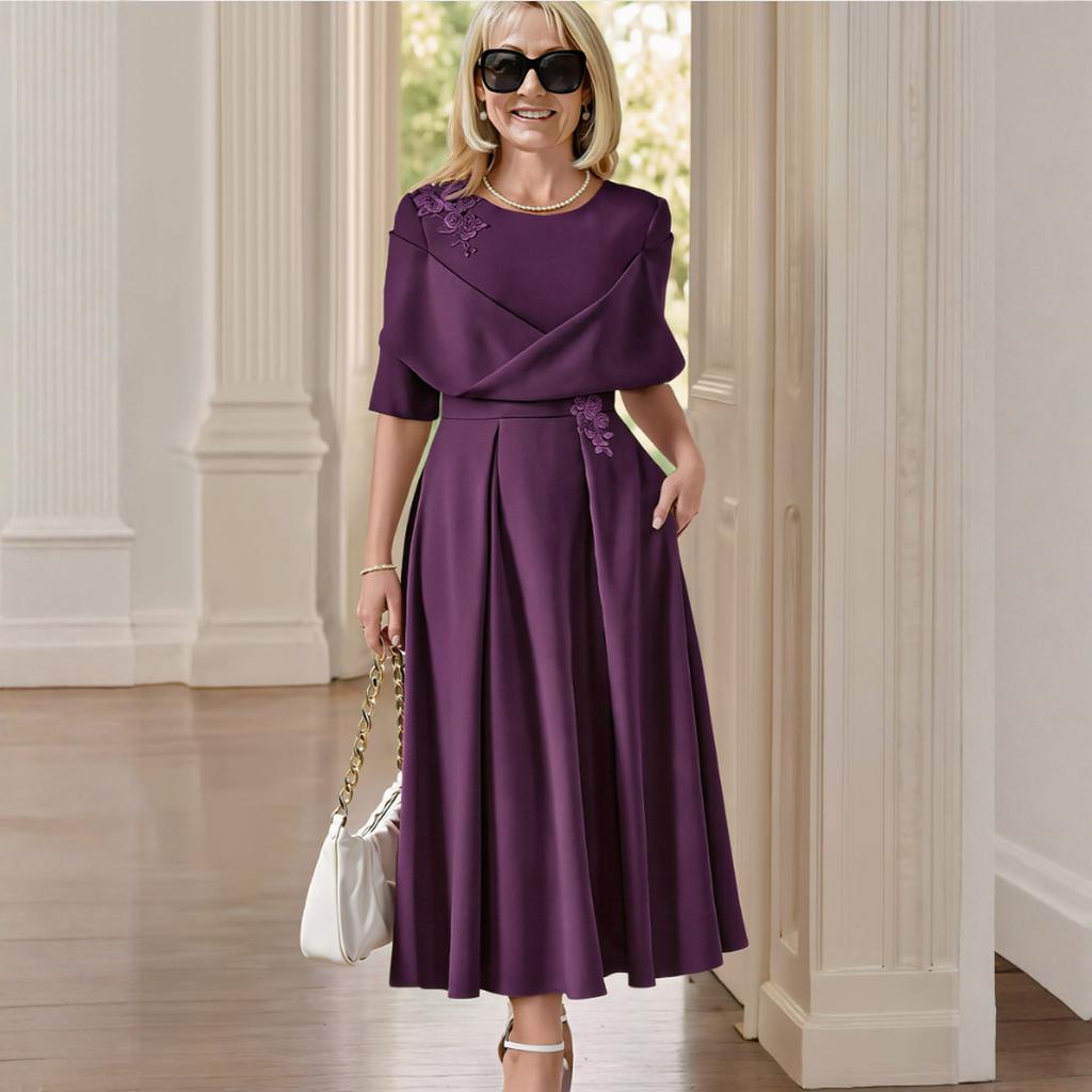 Women’s Midi Dress with Embroidered Detailing Elegant Pleated Skirt and Overlay Top Suitable for Formal Events