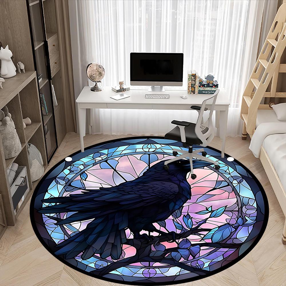 1PC Raven Artwork Office Round Rug, Non slip, Soft and Durable Office Rug for Interior Decoration, Perfect for Office
