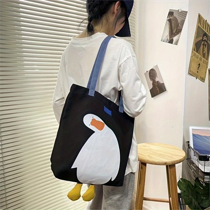 Large Capacity Shoulder Bag, Fun Duck Pattern Canvas Handbag, Suitable for School, Work, And Vacations