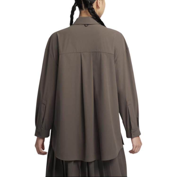 Nike Dri-Fit 24.7 Perfect Stretch Fashion Versatile Polo Long Sleeve Shirt Women shirts Mineral-Grey Baroque-Brown HQ0237004