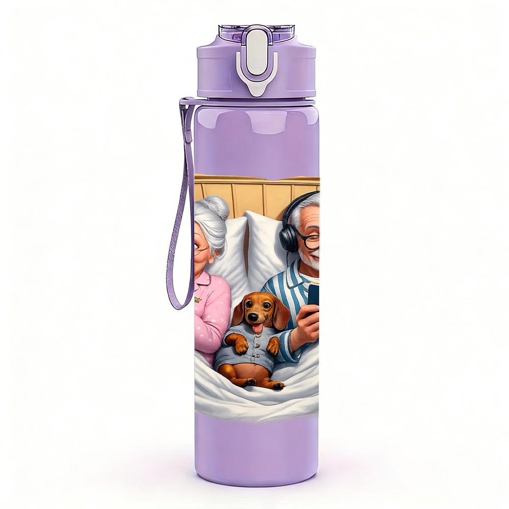 1PC Elderly Couple Warm Pillow Art Print 750ml Color Plastic Sports Water Bottle Leakproof Flip Straw Lid Suitable for Sports Office Home Use