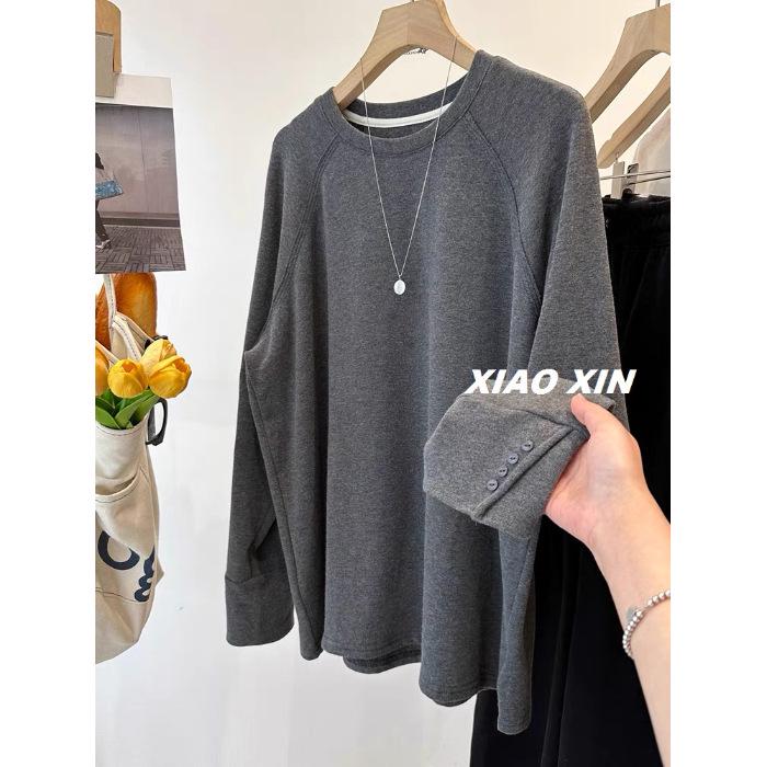 

Plus Size Patchwork Cuff Thermal Long Sleeve Women s Loose Top Triple Extra Large сірий колір