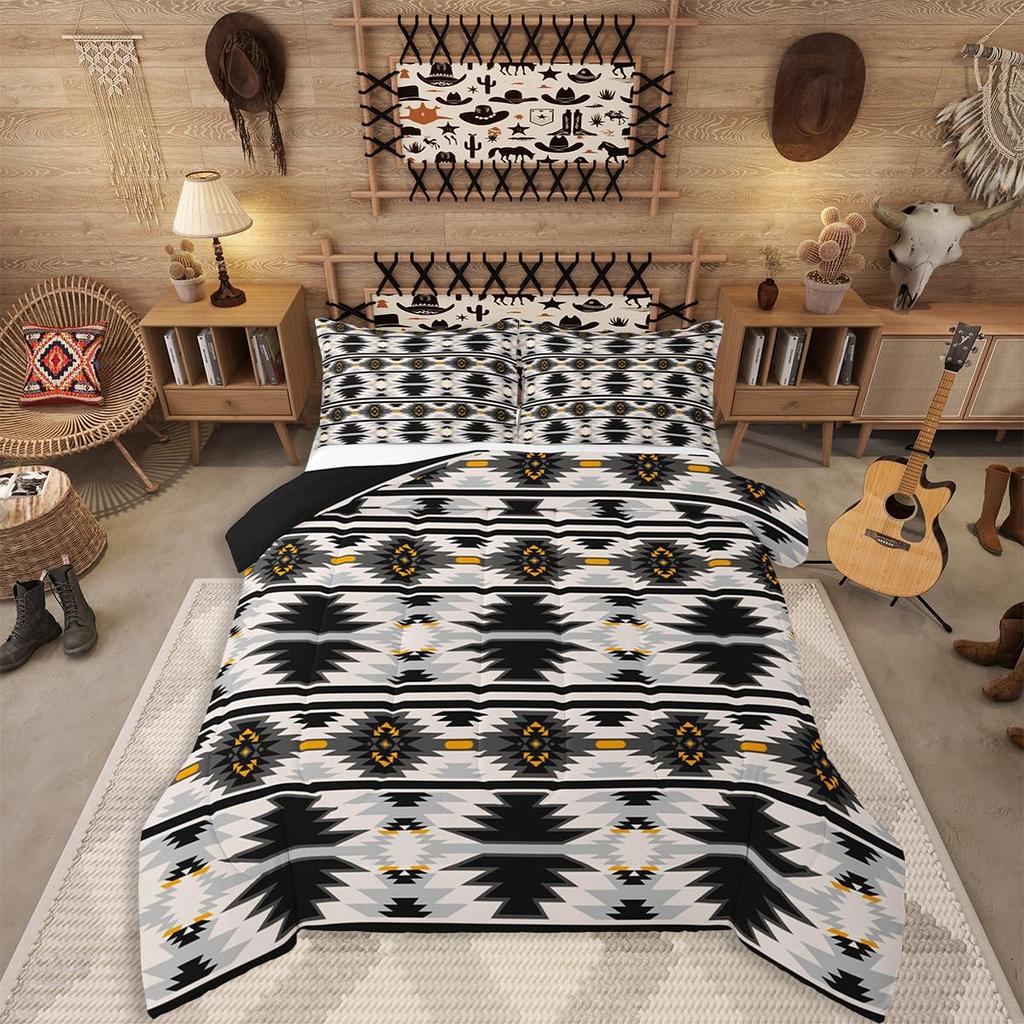 Erosebridal Western Aztec Comforter Set King Size, Boho Farmhouse Bedding Set for Kids Boys Teens Ethnic Southwest Bull Skull Cow Quilt Amer