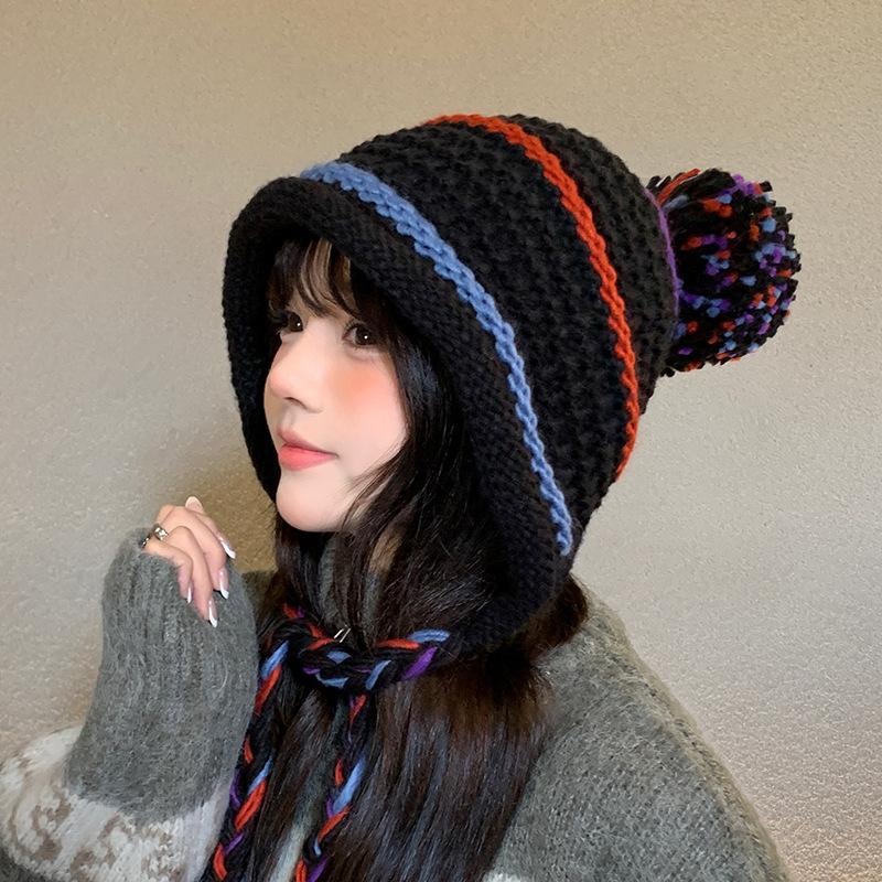 Hand woven Autumn and Winter Warm Hat for Women with Straps and Ear Protection Knitted Hat Showing Face Small Pullover Hat Tassel Woolen Hat