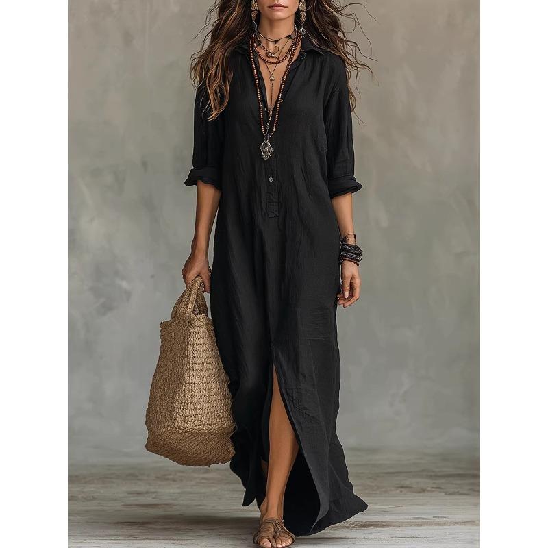 IHUASU Women's Fashion Spring Autumn Solid Color Print POLO Neck Long Sleeve Casual Dresses