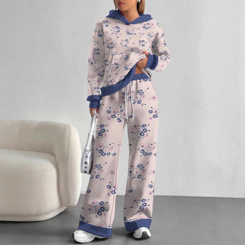 European, American autumn and winter blue splicing flower casual long-sleeved suit women's hooded sweater trousers two-piece set