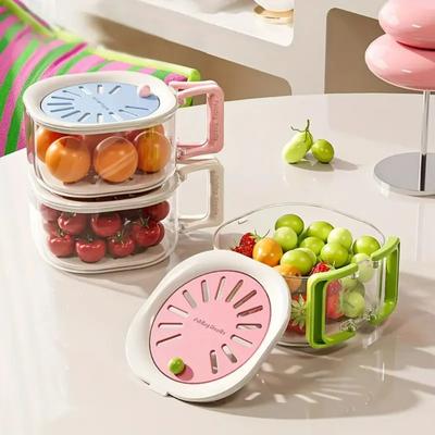 Keuken Koelkast Salade Container, 2-in-1 Dubbellaagse Fruit Afgietcontainer met Opvouwbaar Handvat, Fruit Wasbak met Zeef